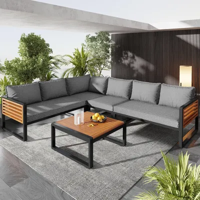 Produktbild von 5-teilig Gartenlounge-Set Sitzgruppe aus verzinktem Eisen & Holz für 5-6 Personen Lounge-Set mit Couchtisch wetterfest modular Grau