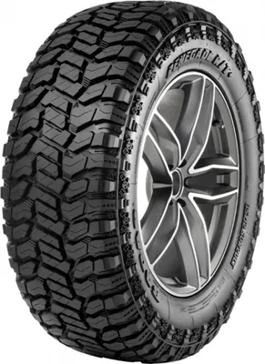 A close-up studio shot of a Radar Renegade RT+ tire mounted on a silver and black alloy wheel, isolated on a white background.