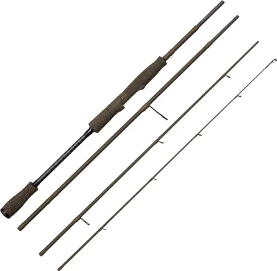 A fishing rod disassembled into multiple sections, laid out on a white background.