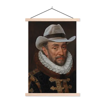 Produktbild von MuchoWow® Textilposter Wilhelm von Oranien - Adriaen Thomasz - Hut 60x90 cm mit holzfarbenen Rahmen - Textil
