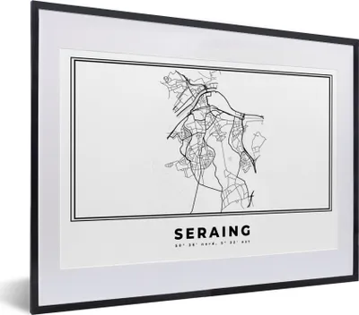 Produktbild von MuchoWow® Gerahmtes Poster Karte - Stadtplan - Seraing - Belgien - Schwarz und weiß 40x30 cm - Poster mit Schwarzem Bilderrahmen Wandposter Rahmen Foto Bilder - Bilderrahmen - Poster im Rahmen