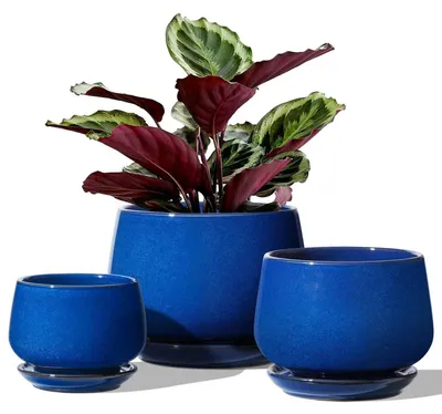 Zdjęcie produktu dla Zestaw 3 doniczek ceramicznych z podstawkami, 10+13+16 cm, kolor: niebieski (Saphrine)