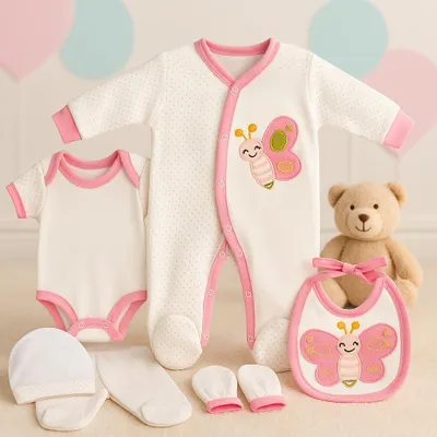 Produktbild von Blue Eyes Baby Geschenk Set 6-teilig, 100% Baumwolle, , Neugeborenen Erstausstattung 0–4 Monate, Rosa Schmetterling