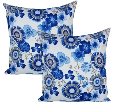 Produktbild von JACK 2er Set 45x45cm Motiv Outdoor Kissenhülle Kissenbezug Wasserfest Sitzkissen Lounge Kissen Garten Stuhl Lotus Effekt, Farbe:Blumen Blau
