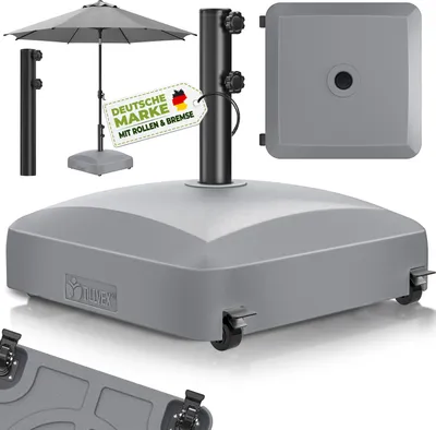 Zdjęcie produktu dla tillvex® Podstawa parasola PAVERA z kółkami i hamulcami, kolor szary | Podstawa parasola z możliwością napełnienia 37 litrów / 56 kg | Waga parasola i parasola ogrodowego Ø 1,8-3,7 m | Podstawa parasola wiszącego odporna na warunki atmosferyczne