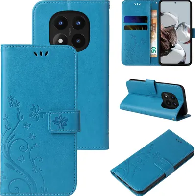 Produktbild von Handyhülle für Xiaomi Redmi Note 14 Pro 5G / 14 Pro+ 5G Floral Blumen Schmetterling Flip Cover Hülle Case Klapphülle Handytasche Farbe: Blau