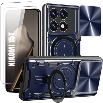 Image de Coque + 2 Verres Trempés pour Xiaomi 15T, avec Anneau et Protection Caméra Coulissante - Bleu Marine