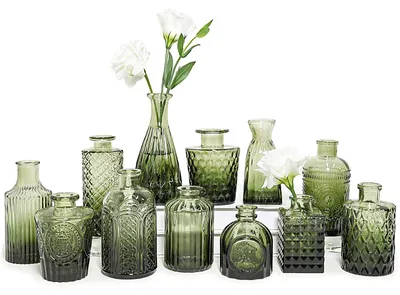 12 grüne Glas-Knospenvasen, Vintage-Design, Mini-Vasen für Tischdeko