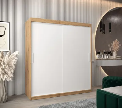 Produktbild von Schwebetürenschrank mit einer Breite von 180 cm TIMEA – Eiche Artisan / Weiß