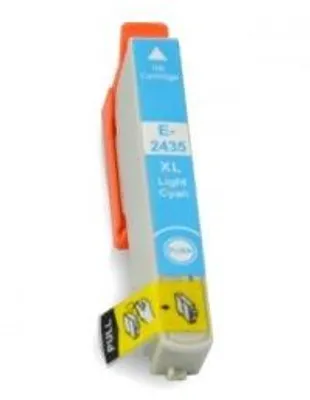 A close-up, slightly angled view of a light cyan ink cartridge with an orange clip attached.