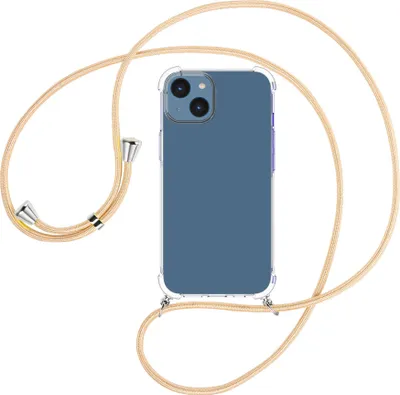 Produktbild von Handykette Backcover-Schutzhülle mit Band (Metall silberfarben) für Apple iPhone 15 - Goldkordel