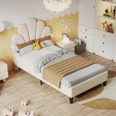 Image de Lit pour enfant - Lit simple - Structure de lit pour enfant - Lit pour adolescents - Lit pour enfants - Revêtement beige - 90 x 200 cm
