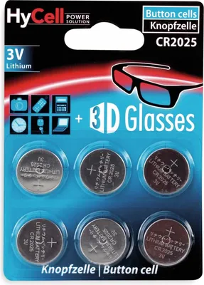 A blister pack of 6 CR2025 lithium button cell batteries, with an image of 3D glasses on the packaging.