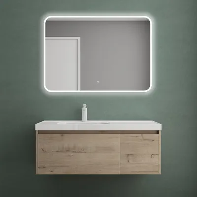 Produktbild von Mai & Mai Badmöbelset Badezimmermöbel Eiche Greige Waschbeckenunterschrank 100 cm mit Waschschbecken aus Mineralguss und LED-Badspiegel Salerno