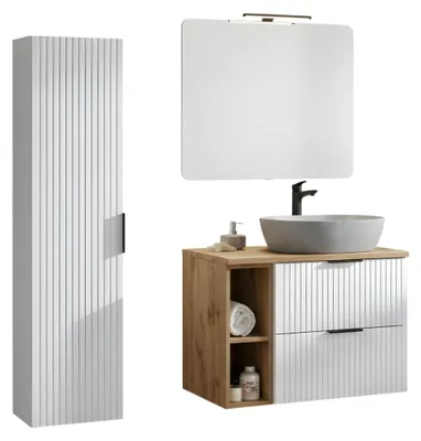 Immagine prodotto di Set da bagno NOXERA – Mobile sospeso con lavabo effetto marmo, contenitori, specchio e lampada LED