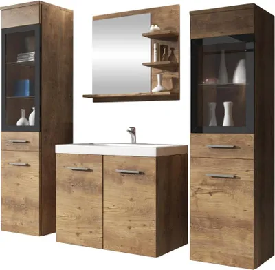 Produktbild von MIRJAN24 Badmöbel-Set Madrit I, Badezimmer-Set mit Spiegel und Waschbecken (Farbe: Kastanien Breslau, mit Siphon, ohne Beleuchtung)