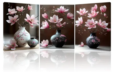 3er-Set Leinwandbilder, rosa Blumen in Vase, 30x40 cm, modern