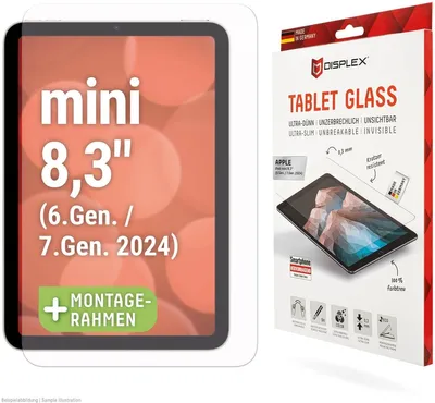 Produktbild von Displex Panzerglas (9H, 2D) für Apple iPad mini 8,3'' (6. Gen./7. Gen. 2024), Eco-Montagerahmen L-Form, kratzer-resistent, Klare Bildschirmschutzfolie, 21,1 cm (8.3"), 9H, 1 Stück(e)