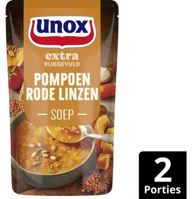 Produktbild von Unox Pompoen Rote Linsensuppe 570g – Cremige Kürbis-Linsensuppe, herzhaft & nahrhaft