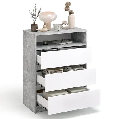Produktbild von KOMTO Kommode mit 3 Schubladen Komodenschrank für Schlafzimmer Schubladenkommode mit 1 offenen Fächern für Wohnzimmer Sideboard Leon 70x37x90 Beton