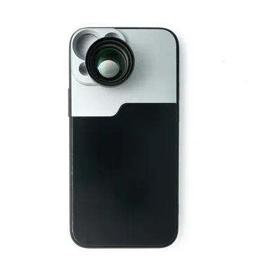 A close-up view of the back of a smartphone case with a lens attachment.