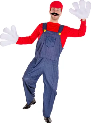 A person dressed as Mario from Super Mario Bros. posing against a white background.