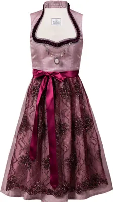 Produktbild von Dirndl Alice Midi, Gr. 44, 66cm Rocklänge, rosa Beerenton, bestickte Spitzenschürze, abnehmbares Charivari