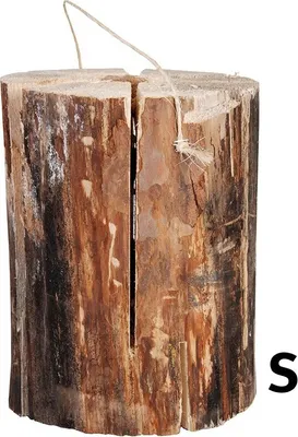 A close-up of a wooden log with a split down the middle and a string attached to the top.