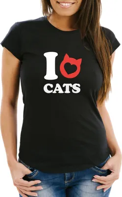Produktbild von Damen T-Shirt Spruch I love cats Katze Herz Grafik Motiv Frauen Print Fun-Shirt lustig Moonworks® schwarz M