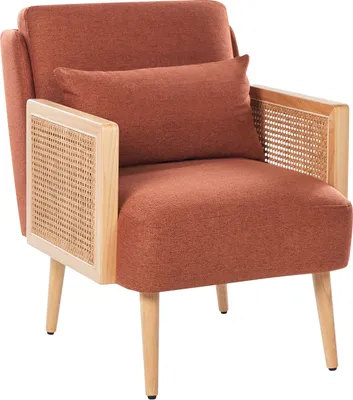 Zdjęcie produktu dla BELIANI Fotel tapicerowany pomarańczowy polyester drewniana rama z plecionką rattanową drewniane nóżki dodatkowa poduszka tradycyjny do salonu do sypialni