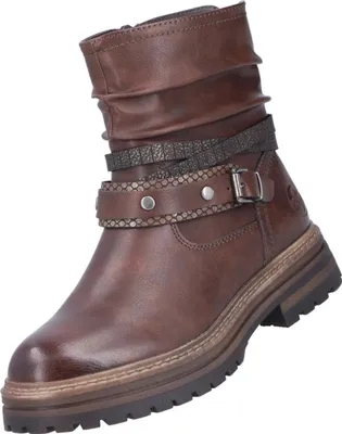 Das Bild zeigt einen braunen Stiefel der von der Seite betrachtet wird. Der Stiefel hat eine robuste Optik und eine ausgeprägte Sohle.