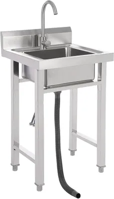 Productafbeelding van Vrijstaande roestvrijstalen spoelbak, mobiele spoelbak met 1 kom, 50x50x93 cm. Commerciële spoelbakken met kraan, vrijstaande roestvrijstalen wasbakken voor buitenkeuken, horeca en kamperen