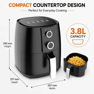 Productafbeelding van Luchtfriteuse - 3,8 liter - 1450 watt - Werkt zonder olie - Temperatuurregeling 80–200 °C - Timer tot 30 minuten - Zwart