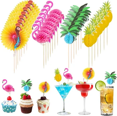 Produktbild von Cocktaildekorationen 100 Stück, Hawaiianisches Thema, Ananas, Flamingo, Pfau, Kokospalme, für Sommerfeste