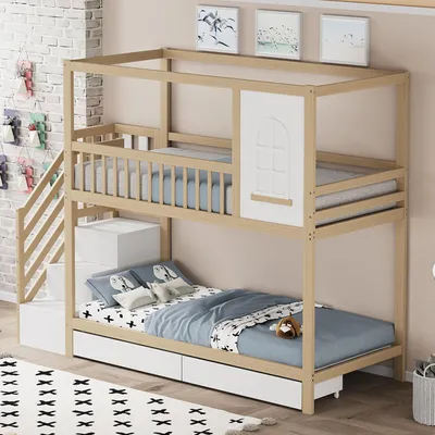 Immagine prodotto di okwish Letto a castello per bambini 90x200cm, Letto in legno massiccio con finestre, Barriera di sicurezza, Con cassetti e scala di sicurezza, Naturale