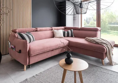 Produktbild von MIUFORM Sweet Harmony - Ecksofa mit Bettfunktion und Bettkasten L-FORM RECHTS - 253x208cm - Velours Puderrosa - Sofa Schlafsofa Couch