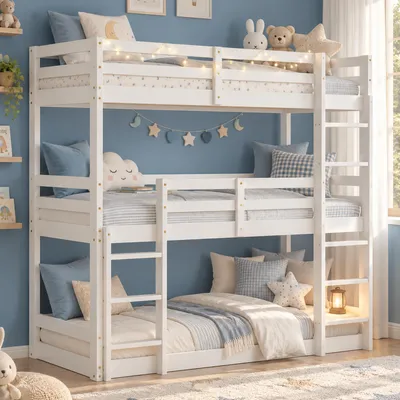 Produktbild von Homestyle4u Etagenbett 90x200 Kinder mit Matratze mit Standard 100 mit Lattenrost Hochbett Dreifachbett Weiß Stockbett mit Rausfallschutz