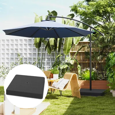 Produktbild von Sonnenschirmständer Beschwerungsplatten befüllbar, Schirmgewichte Kreuzfuß Kunststoff, Schwarz | 89 × 89 cm | bis 80 kg | 400 gsm Polyester