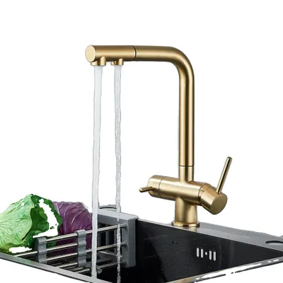 Obrázek produktu pro Mosazná filtrovaná kuchyňská baterie, dvojitá rukojeť, teplá a studená voda, moderní design, kartáčované zlato
