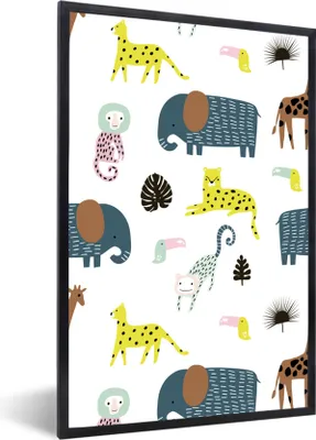 Produktbild von MuchoWow® MuchoWow® Gerahmtes Poster Tiere - Elefant - Affe - Weiß 60x90 cm - Poster mit zchwarzem Bilderrahmen - Kunst