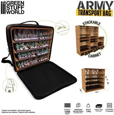 Produktbild von Green Stuff World Tragetasche für Miniaturen, für über 200 Miniaturen, 4 Ebenen, 4 herausnehmbare metallisierte Fächer, aus Oxford-Gewebe, MDF, Metall, Stahl-Gummi-Folien, gepolstert, verstärkter MDF-Kasten, langer Tragegurt, oberer Griff, 11 verstellbare Höhen, herausnehmbare MDF-Platte