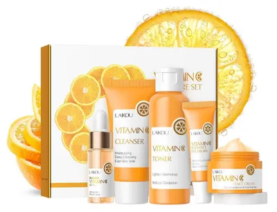 Produktbild von Geschenkset Gesichtspflege 5-teilig mit Vitamin C Serum, Reinigungsmittel, Gesichtswasser, Augencreme, Gesichtscreme