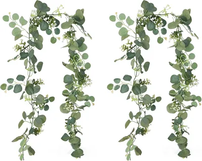 Produktbild von Künstliche Eukalyptusgirlande 180 cm, 2 Stücke, grüne Blätter und weiße Blüten, für Hochzeitsdekoration