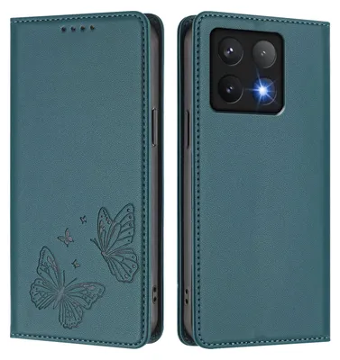 Obrázek produktu pro Kožené pouzdro pro Xiaomi 14T Pro, motýlí ražbou, peněženkové flip pouzdro se stojánkem Zelená