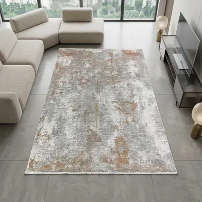Image de Tapis en fibres synthétiques, couleurs cuivre, gris et crème, avec un motif abstrait et des franges, style moderne, dimensions : 160 x 230 cm