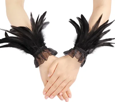 Produktbild von Damen-Handgelenkmanschetten mit Federn, Gothic-Feder-Fingerlose Handschuhe, Armband, Netzmanschette für Halloween, Cosplay, Kostümzubehör