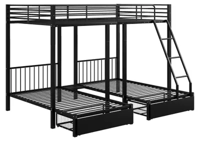 Imagen del producto de Cama nido (litera) - Estructura de metal - Convertible en cama doble de 140 x 200 cm - Dos camas individuales de 90 x 200 cm - Cajones - Color negro