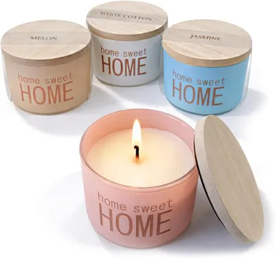 Immagine prodotto di 4 candele profumate in vetro, con fragranze di gelsomino, rosa e cotone bianco