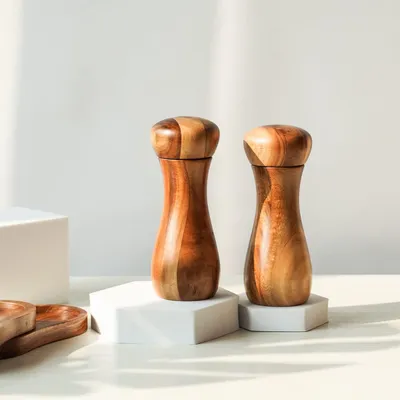 Obrázek produktu pro Sada mlýnků na sůl a pepř s podstavcem - keramický mlýnek - akáciové dřevo - 15,5 cm - 6 cm