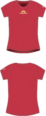 Rotes T-Shirt für Damen von La Sportiva; Modell "Promo Tee W"; mit Logo auf der Vorderseite.